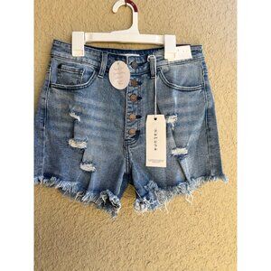 NWT Nature Denim high rise stretchy distressed shorts button up LARGE